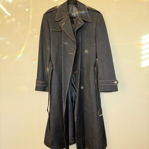 Men's Long Black Trench Coat with Contrast Topstitching